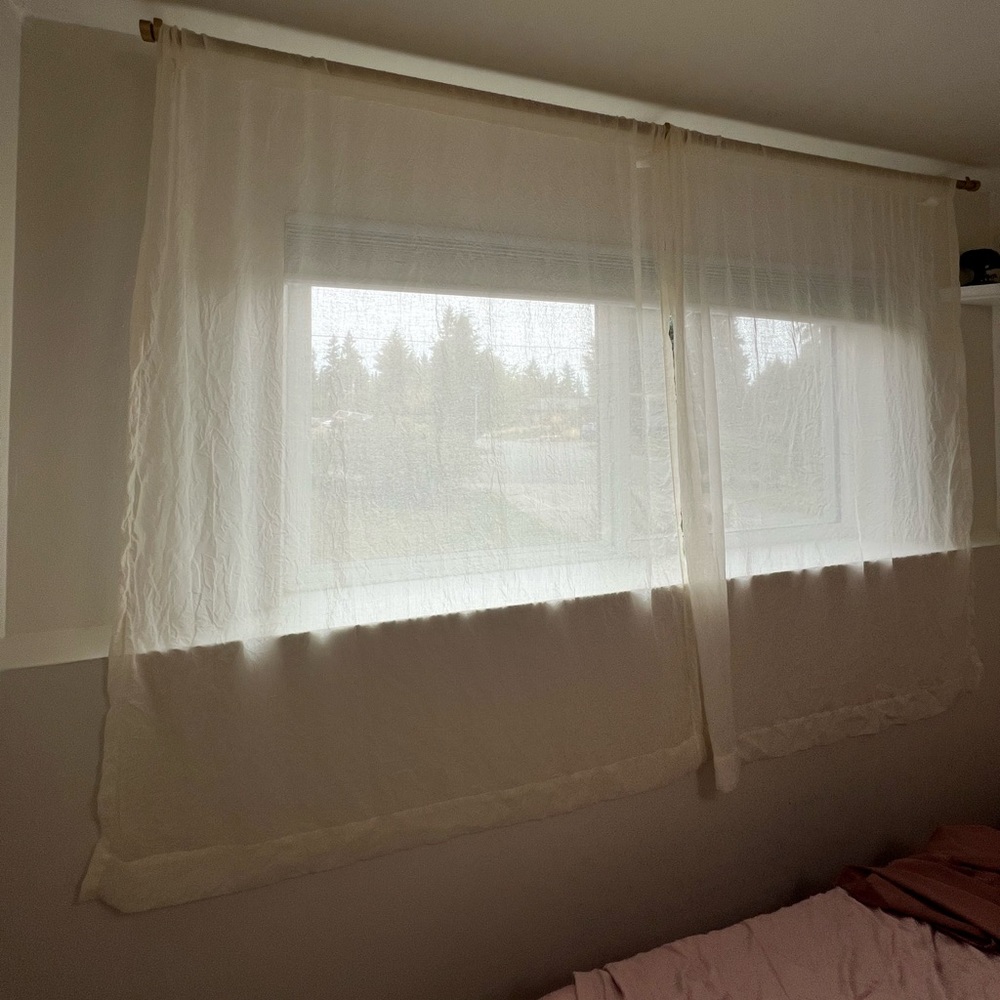 Sheer curtain panels (2) 63”x52”, ivory
